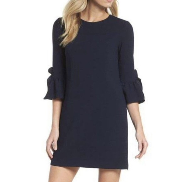 Nanette Lepore Dresses & Skirts - Nanette Lepore Size 12 Dress Sheath Dark Navy Spring Bloom Ruffle Bell Sleeve